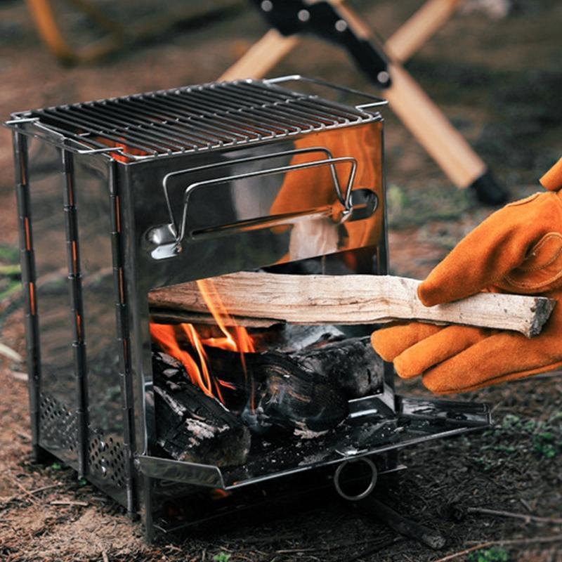 Outdoor Mini Portable Folding BBQ Grill, Stainless Steel Camping Wood Charcoal Stove with Storage Bag, Firewood Heating Stove, Camping Kitchenware