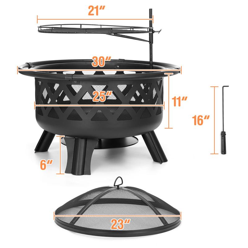 22-30 inch Fire Pit for Outside 2 in 1 BBQ Wood Burning Fire Pit for Outdoor Camping Large Fire Pit Wood Bowl Firepit with Grate Spark Screen Log Grate