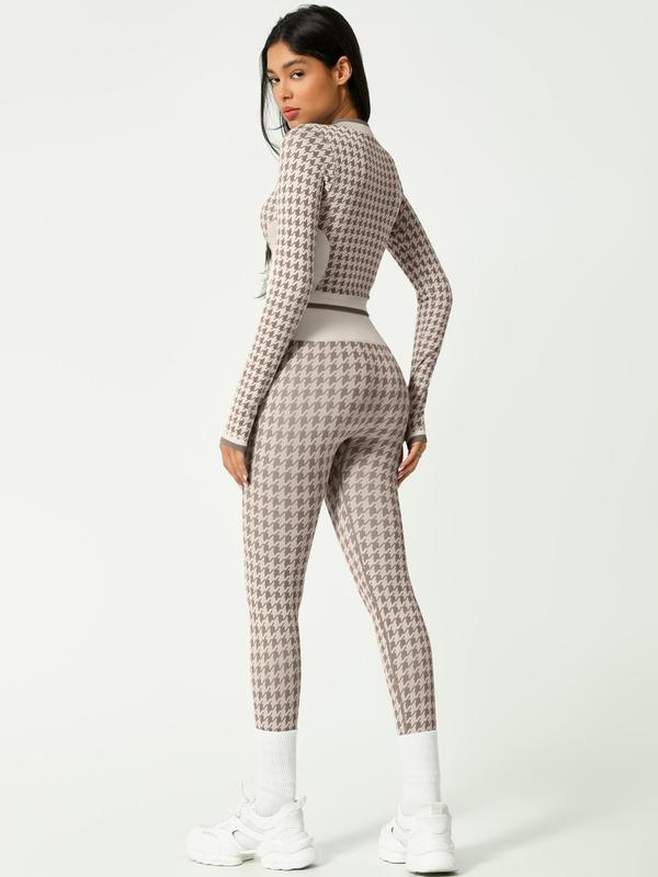 Two-piece Set Women's Houndstooth Print Zip Up Crop Jacket & High Waist Leggings Tracksuit Set, Sporty Breathable Comfy Outfits for Yoga Gym Running, Workout Sets for Women, Women Tracksuits for Fall & Winter