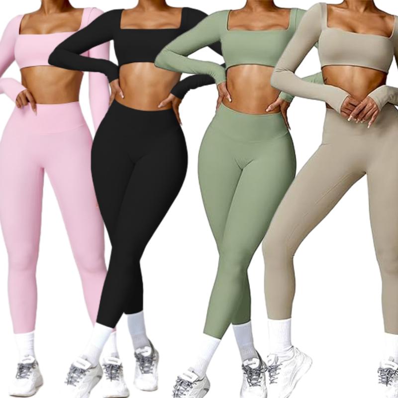 Women's Solid Color Nylon Tracksuits Set - Square Neck Crop Top & Tight Pants for Yoga Work and Gym Outfits