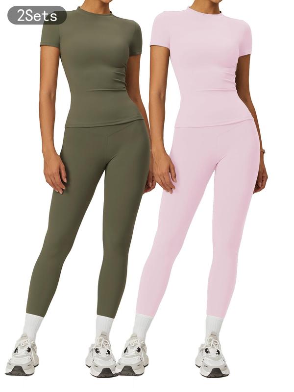 2 Counts Women's Plain Round Neck Crop Tee & High Waist Leggings Tracksuit Set, Sport Breathable Quick Drying Short Sleeve T-Shirt & Skinny Pants Set for Yoga Gym Workout Running, Ladies Sportswear, Fall Clothes, Minimalistic Outfit, Fall Outfits