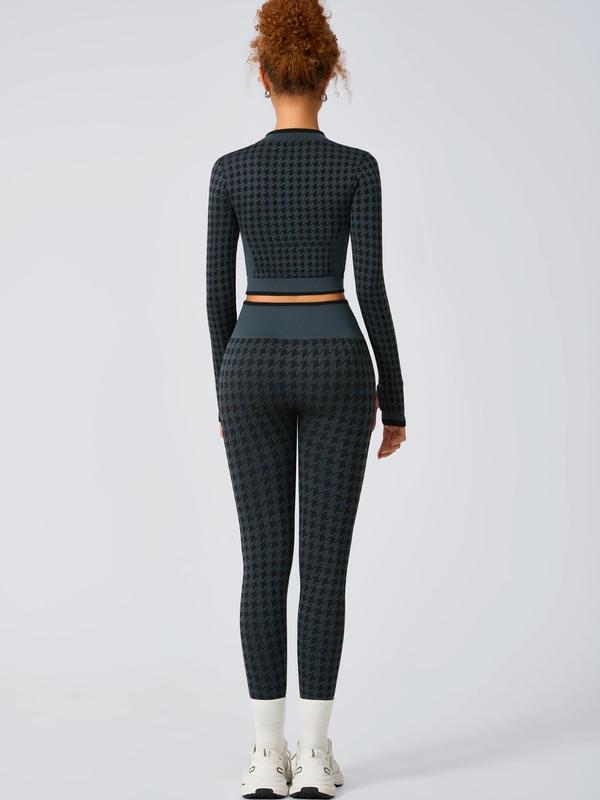 Two-piece Set Women's Houndstooth Print Zip Up Crop Jacket & High Waist Leggings Tracksuit Set, Sporty Breathable Comfy Outfits for Yoga Gym Running, Workout Sets for Women, Women Tracksuits for Fall & Winter