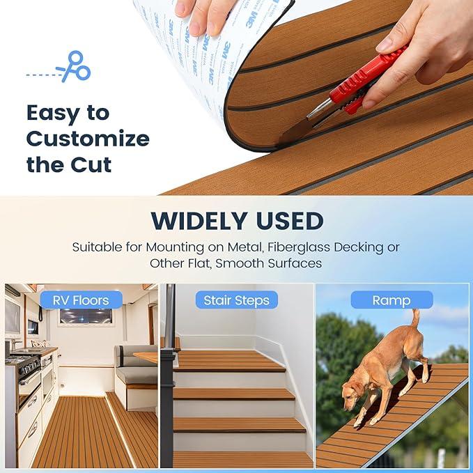 EVA Foam Boat Decking Faux Teak Marine Flooring It is suitable for boat flooring, car floors，motorboats,  swim platforms, RVs, bass boats,  canoe floors, yacht floors, golf carts, boat trailers, kayak decks, stair steps and more.