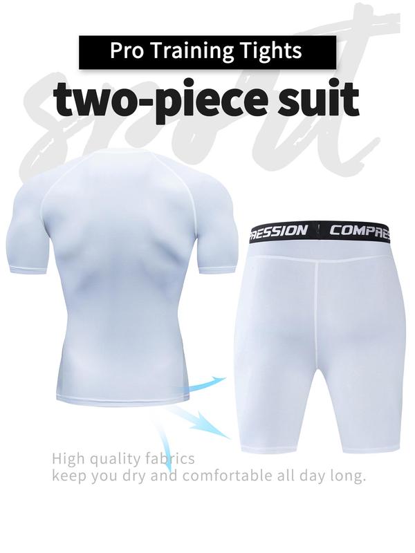 Two-Piece Set Men's Round Neck Short Sleeve Tee & Letter Tape Waist Short Leggings Tracksuit Set, Sporty Quick Drying Top & Shorts, Men Tracksuit for Gym Workout