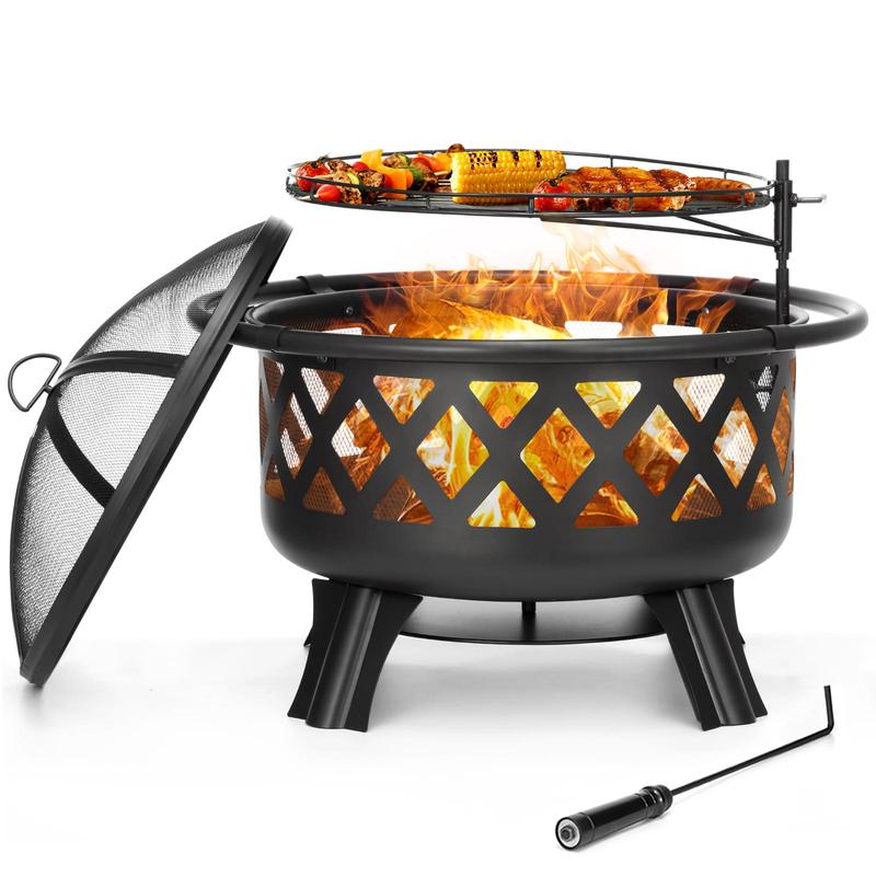 22-30 inch Fire Pit for Outside 2 in 1 BBQ Wood Burning Fire Pit for Outdoor Camping Large Fire Pit Wood Bowl Firepit with Grate Spark Screen Log Grate