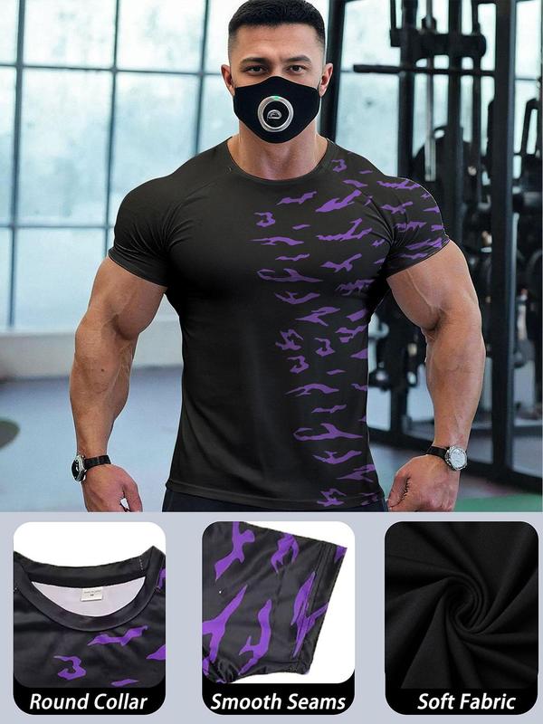 Men's Graphic Print Round Neck Sports Tee, Regular Fit Casual Quick Drying Short Sleeve Crew Neck T-shirt for Men for Summer, Fashion Men's Sportswear for Gym Workout Running