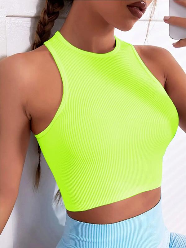 Women's Solid Round Neck Cropped Sports Running Vest, Basic Crew Neck Sleeveless Sport Tank Top, Pickleball Tennis Top, Back-to-school Clothing, Women's Sport & Outdoor Clothes Workout Gym Exercise, Fall Black Girl Outfits