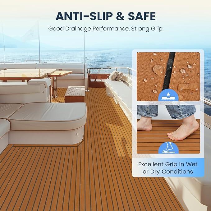 EVA Foam Boat Decking Faux Teak Marine Flooring It is suitable for boat flooring, car floors，motorboats,  swim platforms, RVs, bass boats,  canoe floors, yacht floors, golf carts, boat trailers, kayak decks, stair steps and more.