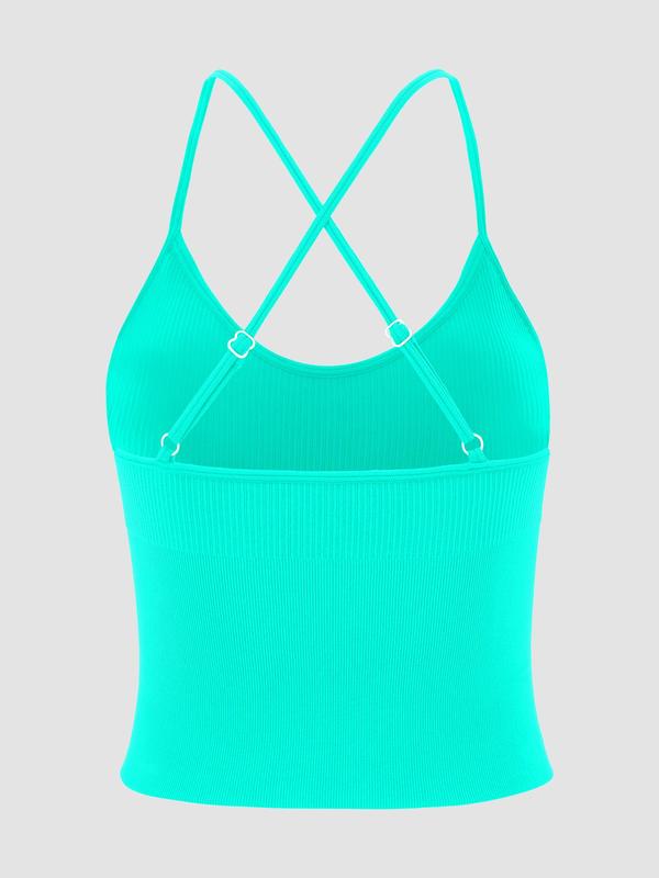 Sporty Women's Adjustable Strap Ribbed Sports Bra, Gym Clothing, Sport High Stretch Built-in Bra Cami Top, Gym Wear, Workout Clothes, Ladies Sportswear for Workout Running Cycling