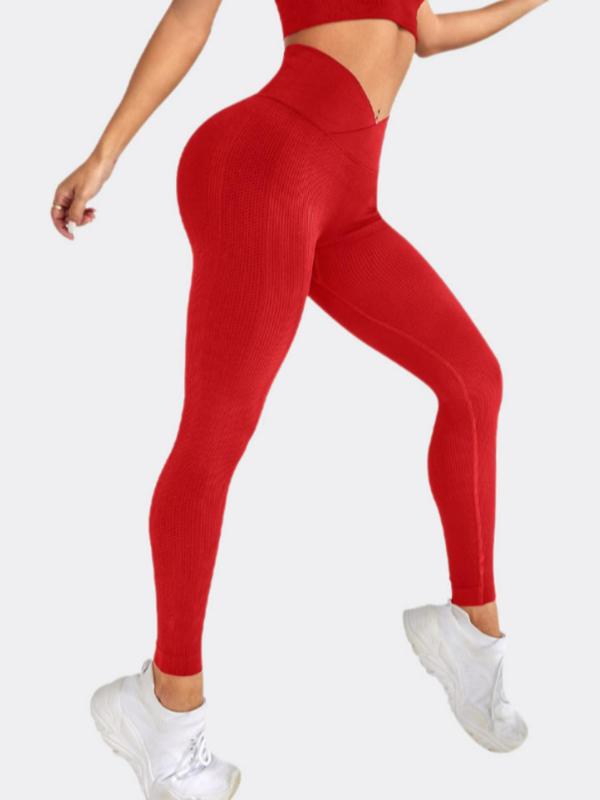 Women's Solid V-cut Criss Cross High Waist Sports Leggings, Seamless Tummy Control Butt Lifting Skinny Pants, Ladies Sportswear Bottoms for Yaga Gym, Fall Outfits 2024