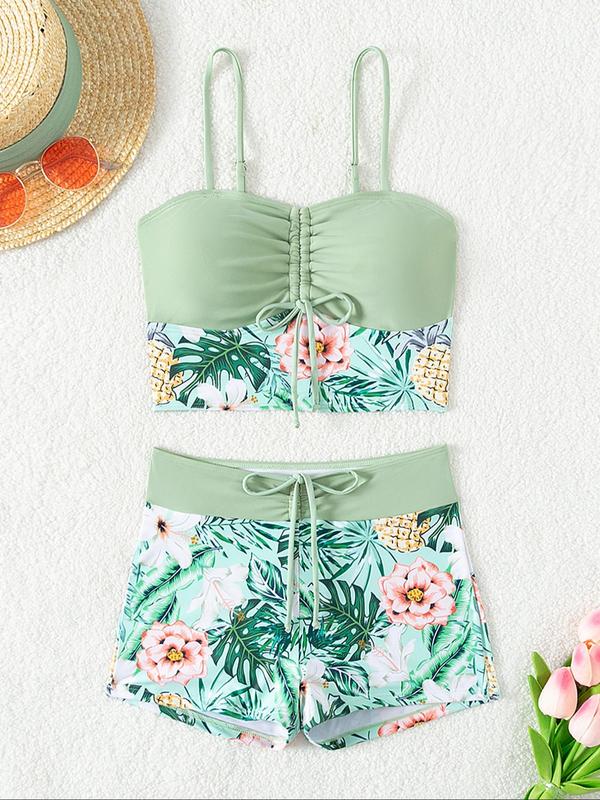 Two-piece Set Women's Tropical Print Drawstring Ruched Crop Tankini Top & High Waist Swim Shorts Tankini Set, Sleeveless Crop Swim Top & Swim Shorts, Bathing Suits Women, Summer Swimsuit Swimwear Set for Women