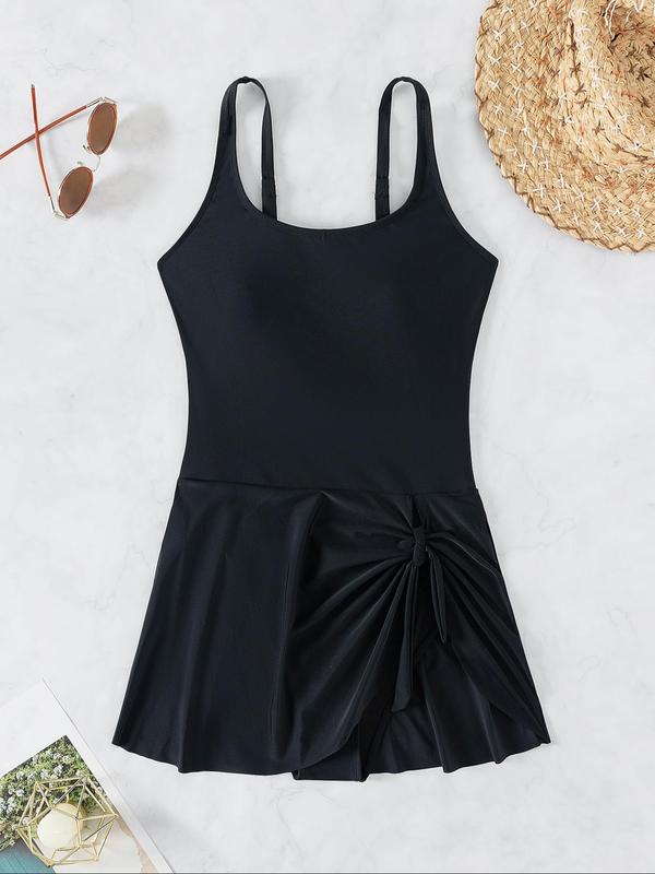 Women's Solid Asymmetrical Knot Scoop Neck One-piece Swimsuit, Casual Adjustable Strap Swimwear for Summer, Ladies Swimsuit for Beach Holiday Vacation, Summer Swim Dresses