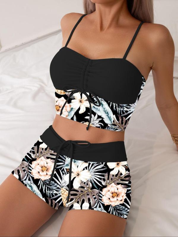 Two-piece Set Women's Tropical Print Drawstring Ruched Crop Tankini Top & High Waist Swim Shorts Tankini Set, Sleeveless Crop Swim Top & Swim Shorts, Bathing Suits Women, Summer Swimsuit Swimwear Set for Women