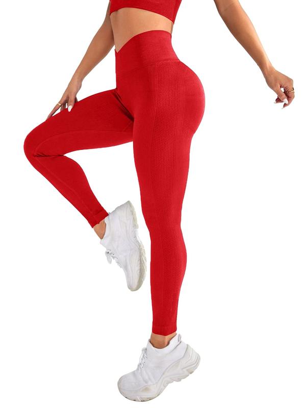 Women's Solid V-cut Criss Cross High Waist Sports Leggings, Seamless Tummy Control Butt Lifting Skinny Pants, Ladies Sportswear Bottoms for Yaga Gym, Fall Outfits 2024