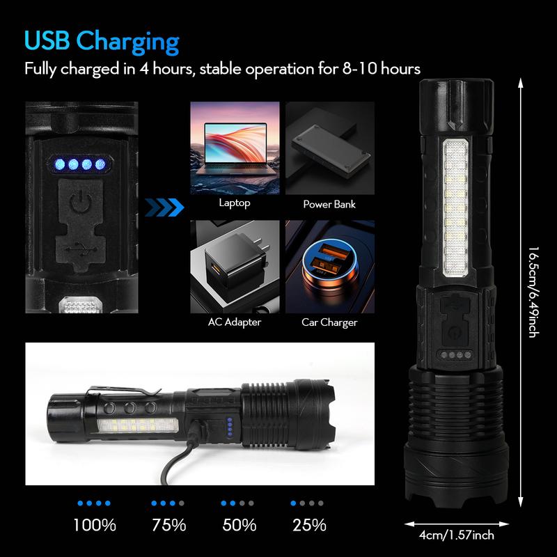 Strong Light Flashlight USB Rechargeable with Emergency White Light and Red & Blue Alarm Lights. Waterproof Design for Versatile Use. Ideal for Camping, Mountaineering, Fishing, Garden, Road, and Garage Lighting. The Portable highlumen flashlight for 2024