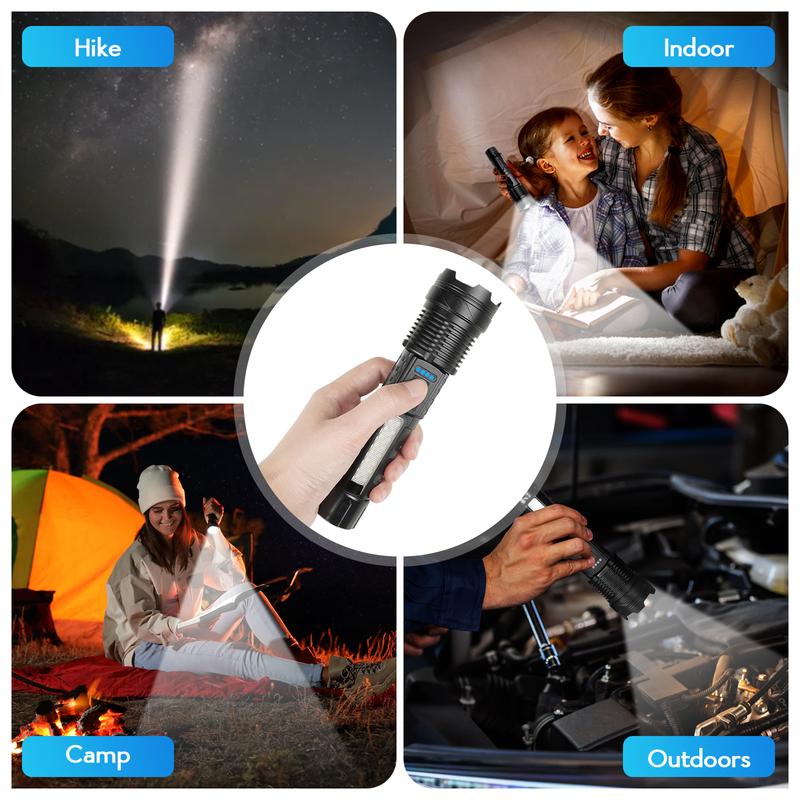 Strong Light Flashlight USB Rechargeable with Emergency White Light and Red & Blue Alarm Lights. Waterproof Design for Versatile Use. Ideal for Camping, Mountaineering, Fishing, Garden, Road, and Garage Lighting. The Portable highlumen flashlight for 2024