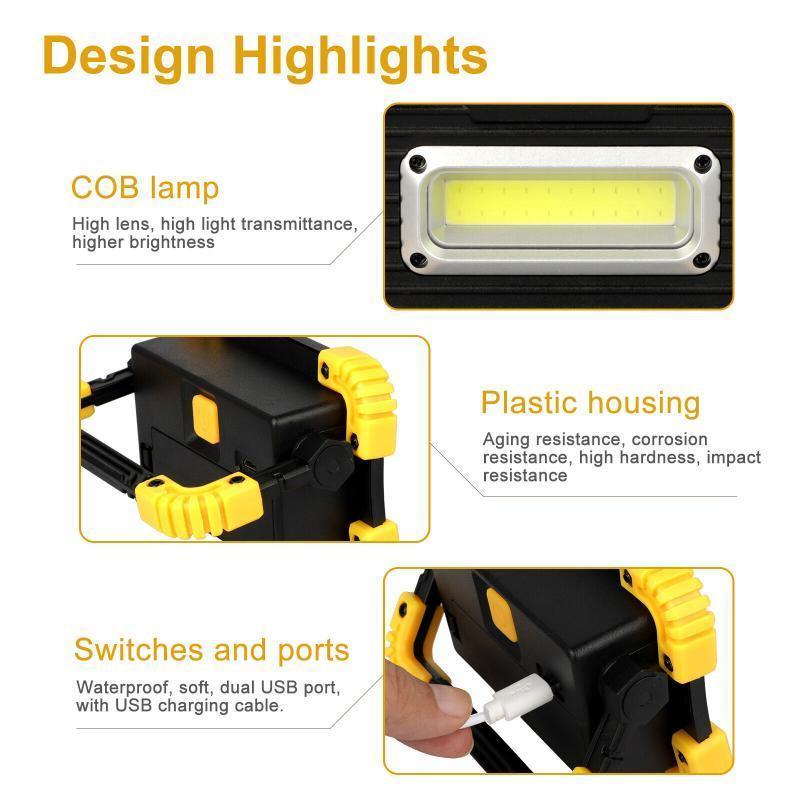 Portable COB LED Light, 1 Count USB Rechargeable & Battery Powered Outdoor Camping Light, 3 Modes Work Light With Adjustable Stand, Waterproof Flashlight for Hiking, Fishing, Camping, Emergency