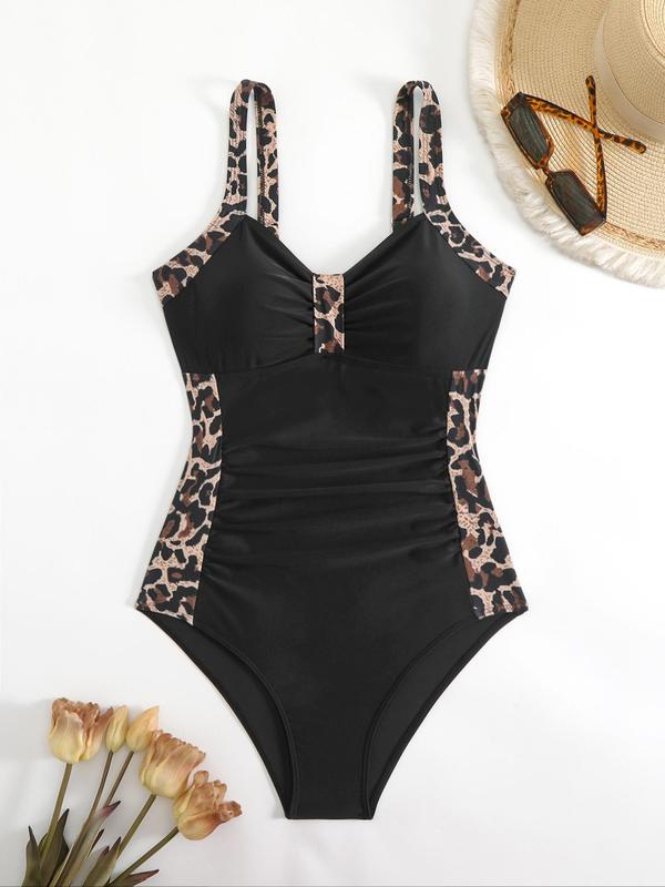 Women's Leopard Patchwork Print Ruched One-piece Swimsuit, Casual Adjustable Strap Sleeveless Swimwear for Summer, Ladies Swimsuit for Beach Holiday Vacation