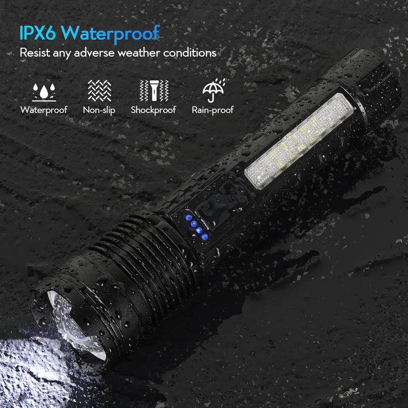 Strong Light Flashlight USB Rechargeable with Emergency White Light and Red & Blue Alarm Lights. Waterproof Design for Versatile Use. Ideal for Camping, Mountaineering, Fishing, Garden, Road, and Garage Lighting. The Portable highlumen flashlight for 2024