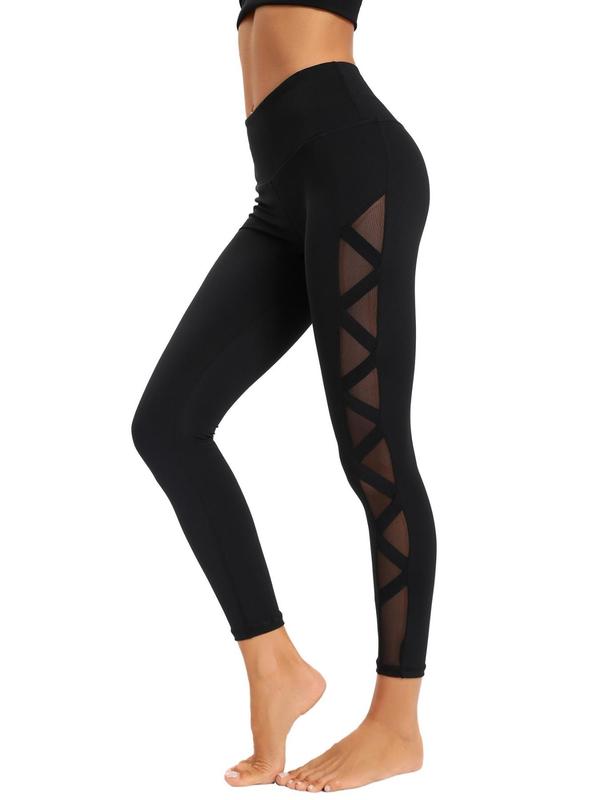 Women's Contrast Mesh Zipper Design Pocket Sheer Sports Leggings, High Waist Skinny Pants, Ladies Sportswear for Indoor Outdoor Wear