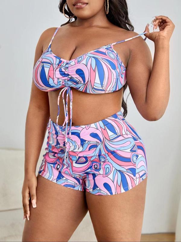 three-piece Set Paisley Print Curve Swimsuit Sets, Boho Ruched Tie Front Swim Top & Swim Shorts & Long Sleeve Open Front Cover Up Set, Korean Swimming Suit, Bathing Suits 2024 for Women, Plus Size Swimsuits 2024