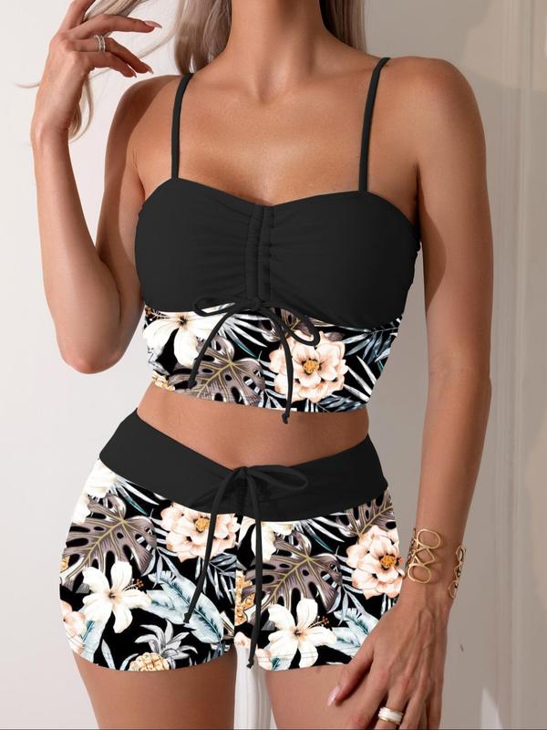 Two-piece Set Women's Tropical Print Drawstring Ruched Crop Tankini Top & High Waist Swim Shorts Tankini Set, Sleeveless Crop Swim Top & Swim Shorts, Bathing Suits Women, Summer Swimsuit Swimwear Set for Women