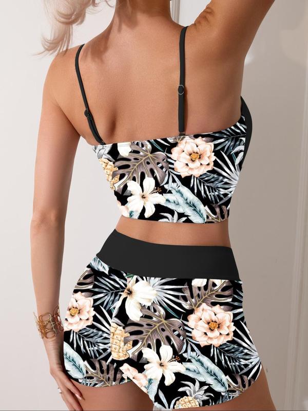 Two-piece Set Women's Tropical Print Drawstring Ruched Crop Tankini Top & High Waist Swim Shorts Tankini Set, Sleeveless Crop Swim Top & Swim Shorts, Bathing Suits Women, Summer Swimsuit Swimwear Set for Women