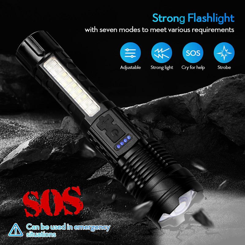 Strong Light Flashlight USB Rechargeable with Emergency White Light and Red & Blue Alarm Lights. Waterproof Design for Versatile Use. Ideal for Camping, Mountaineering, Fishing, Garden, Road, and Garage Lighting. The Portable highlumen flashlight for 2024