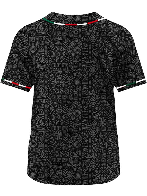 Men's Tribal & Map Print Contrast Binding Baseball Jersey, Regular Fit Casual Short Sleeve Top for Daily Wear, Men's Clothes for All Seasons