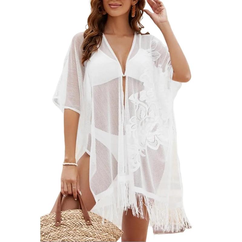 Cali Chic Women's Swimsuit Cover-Up with Frills, See-Through Mesh Beach Dress for S-L Sizes