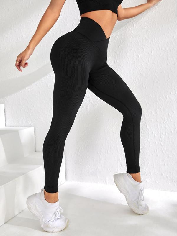 Women's Solid V-cut Criss Cross High Waist Sports Leggings, Seamless Tummy Control Butt Lifting Skinny Pants, Ladies Sportswear Bottoms for Yaga Gym, Fall Outfits 2024