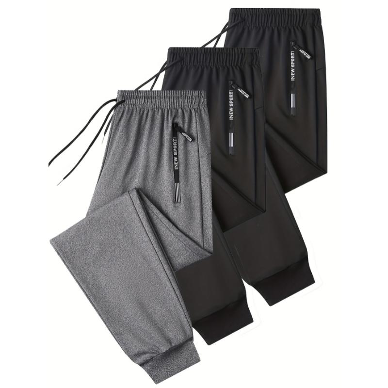 3pcs Men's Athletic Joggers with Zipper Pockets & Drawstring Waist - Solid Color, Stretch Fabric for All Seasons Fitness & Casual Wear