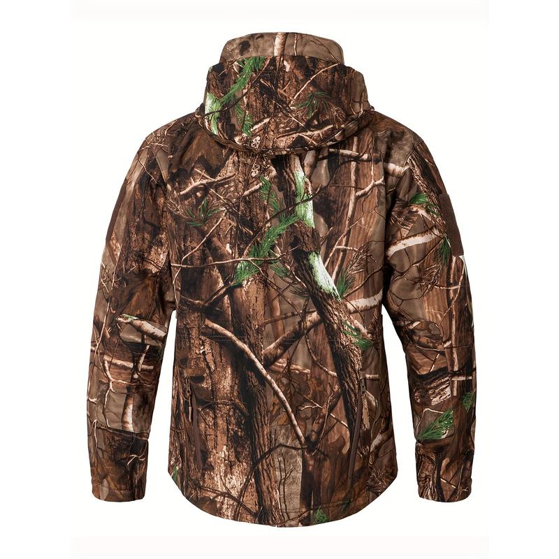 1pc Men'S Tactical Camouflage Hunting Jacket - Water-Resistant, Warm Fleece-Lined, Soft Shell Outdoor Hoodie Coat with Pockets, Zippered, Regular Fit, Polyester & Spandex, Winter Sports Gear