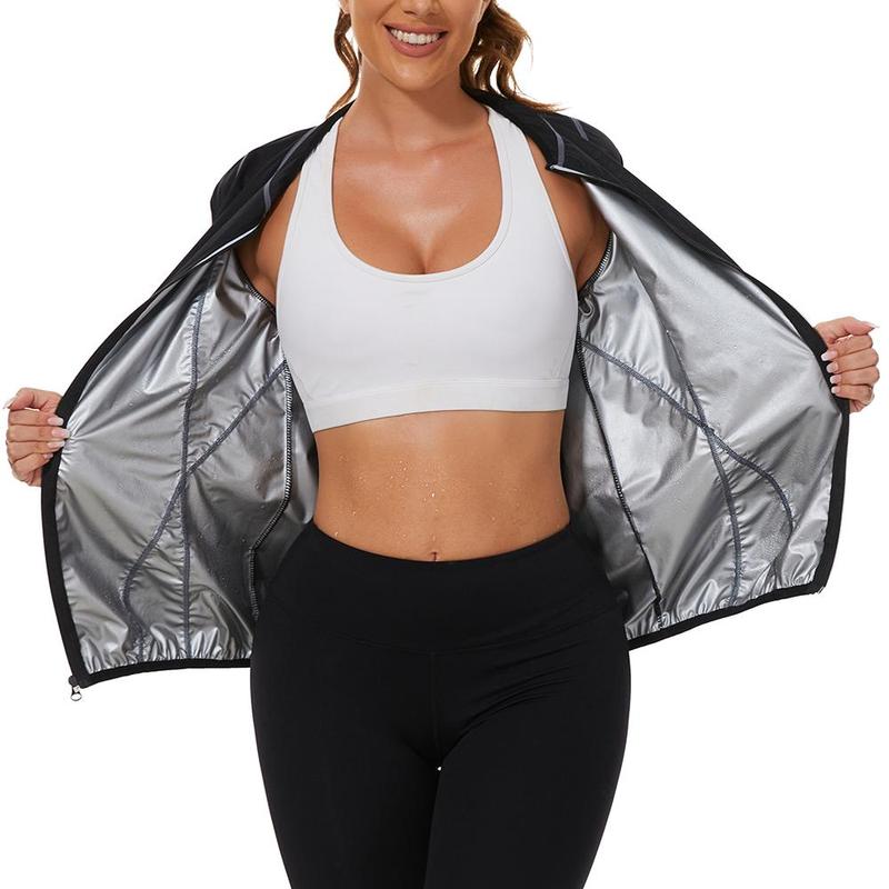 Women's Sauna blazer with Sweat-Maximizing Material, Front Zip for Convenience, Precise Stitching, Flexible Cuffs and Neck, and Daring Grey Stripes for a Dynamic, Comfortable, and Effective Workout Session,Elevate Your Fitness