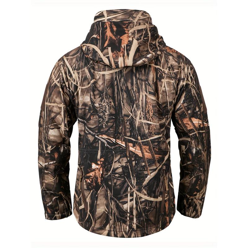 1pc Men'S Tactical Camouflage Hunting Jacket - Water-Resistant, Warm Fleece-Lined, Soft Shell Outdoor Hoodie Coat with Pockets, Zippered, Regular Fit, Polyester & Spandex, Winter Sports Gear