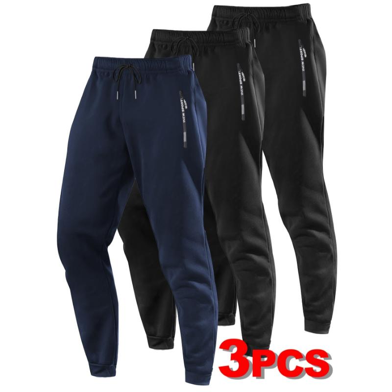 3pcs Men's Athletic Joggers with Zipper Pockets & Drawstring Waist - Solid Color, Stretch Fabric for All Seasons Fitness & Casual Wear