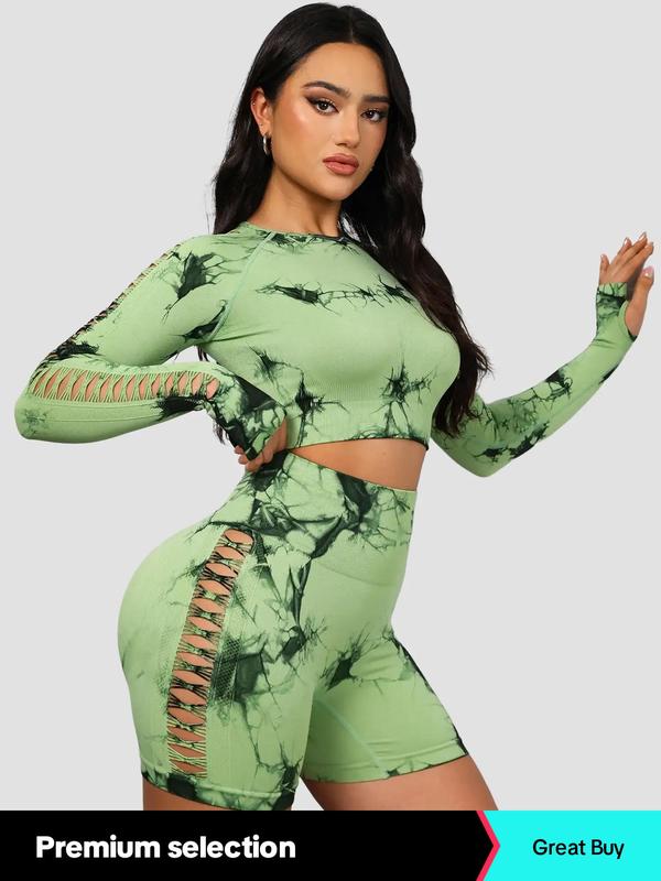 Two-Piece Set Women's Tie Dye Print Hollow Out Tracksuit Set, Sporty Raglan Long Sleeve Crop Top & High Waist Skinny Shorts Set, Ladies Sportswear for Gym Yoga Wear, Two Piece Sets Tracksuits