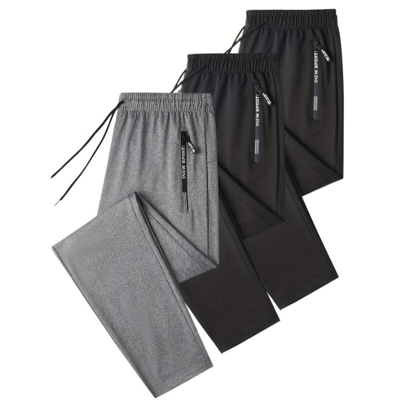 3pcs Men's Athletic Joggers with Zipper Pockets & Drawstring Waist - Solid Color, Stretch Fabric for All Seasons Fitness & Casual Wear