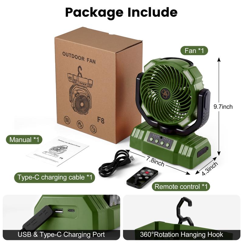 Odoland 30000mAh Camping Fan with LED Lantern, Rechargeable Battery Operated Oscillating Fan with Remote & Hook, Portable Tent Fan with Timer, 4 Speeds for Outdoor Camp RV Jobsite Power Outage