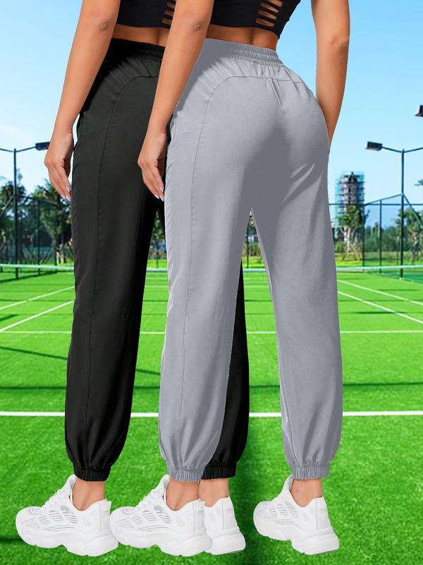 Women's Solid Pocket Drawstring Waist Sports Pants, Casual Elastic High Waist Jogger Pants for Outdoor Tennis, Ladies Sportswear for All Seasons