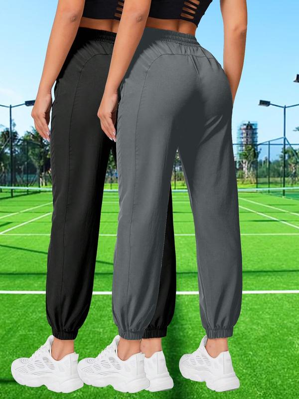 Women's Solid Pocket Drawstring Waist Sports Pants, Casual Elastic High Waist Jogger Pants for Outdoor Tennis, Ladies Sportswear for All Seasons