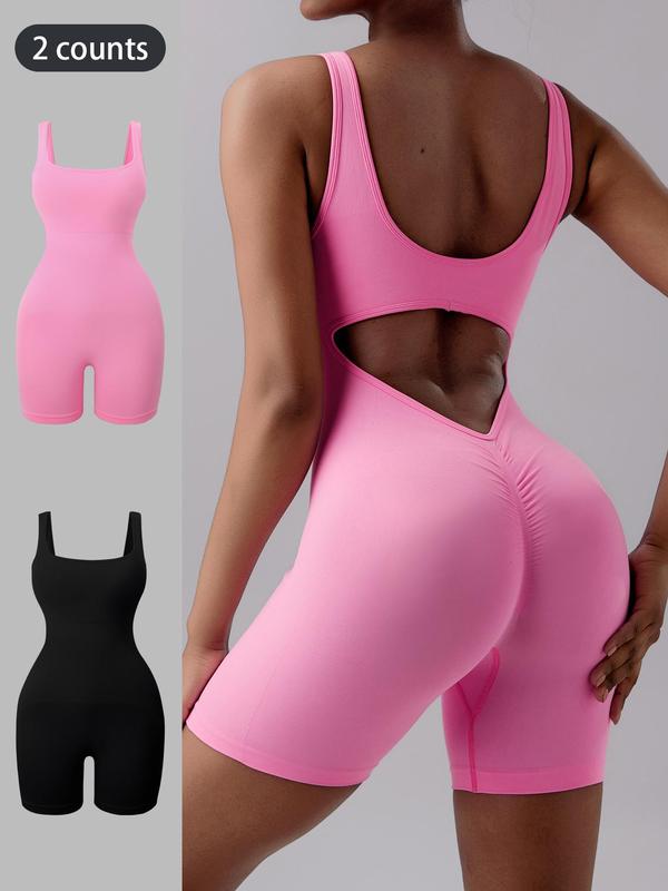 Women's Solid Cut Out Sports Tank Romper, Sporty Square Neck Backless Skinny Romper for Yoga Gym Workout Running, Rompers for Women, Ladies Sportswear for All Seasons, Fall Outfits, Earthtone Fallfreshness