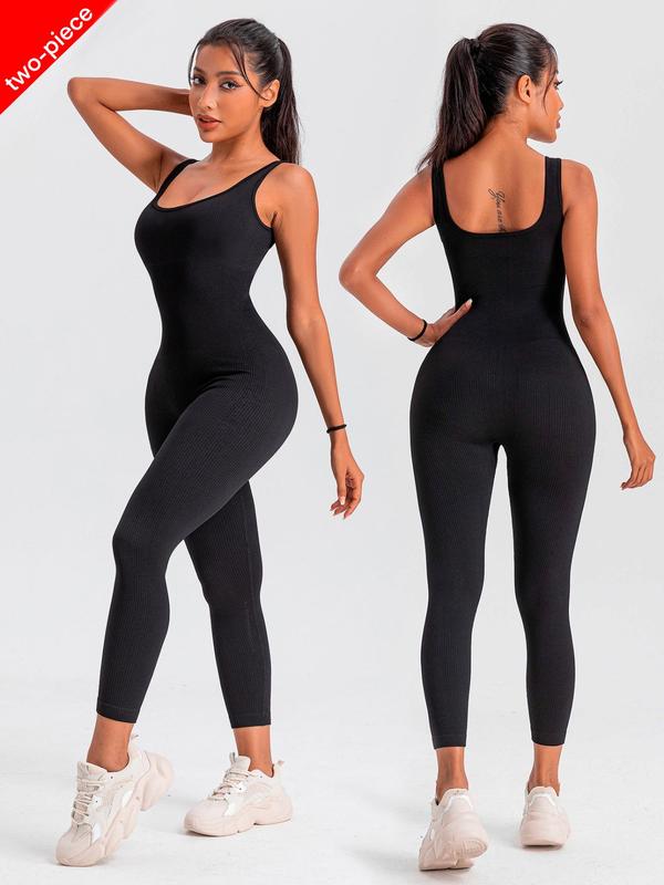 Sporty Women's Solid Color Square Neck Sports Tank Jumpsuit, Casual Sporty Sleeveless Skinny Jumpsuit for Yoga Gym Workout, Ladies Sportswear for All Seasons