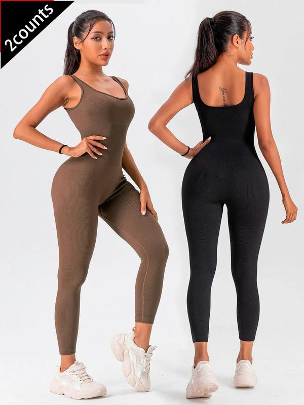 Sporty Women's Solid Color Square Neck Sports Tank Jumpsuit, Casual Sporty Sleeveless Skinny Jumpsuit for Yoga Gym Workout, Ladies Sportswear for All Seasons