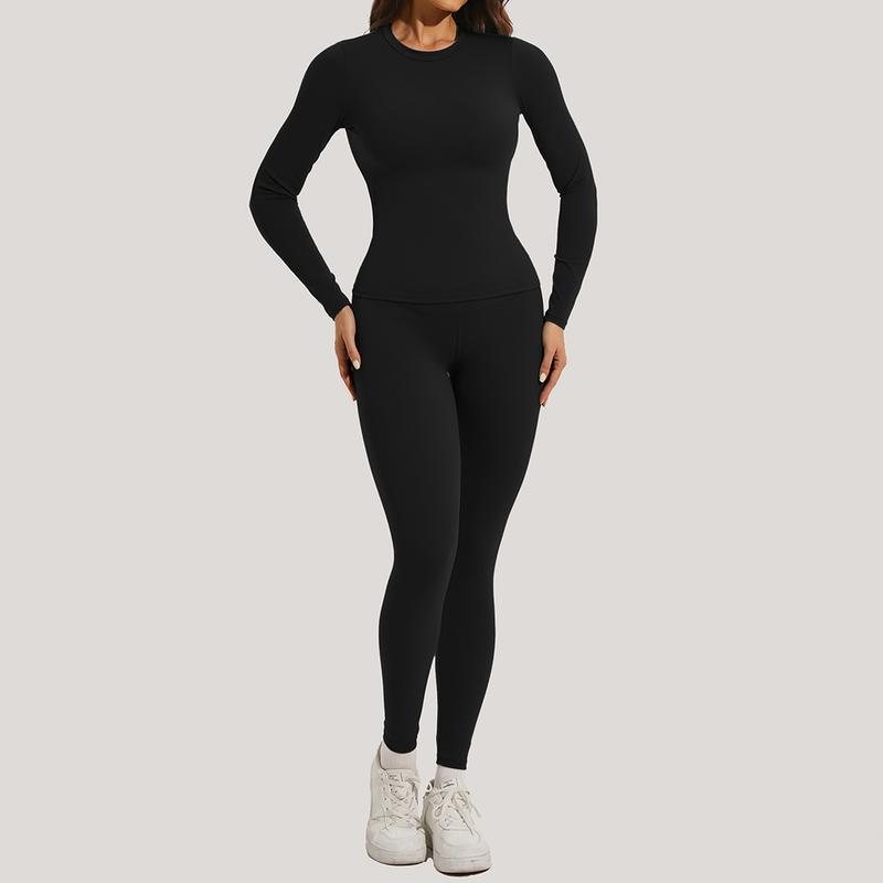 Women's Slimming Yoga Set with Long Sleeve Crew Neck Top and High Waisted Leggings for Gym Exercise - Medium Stretch Nylon and Elastane Fabric