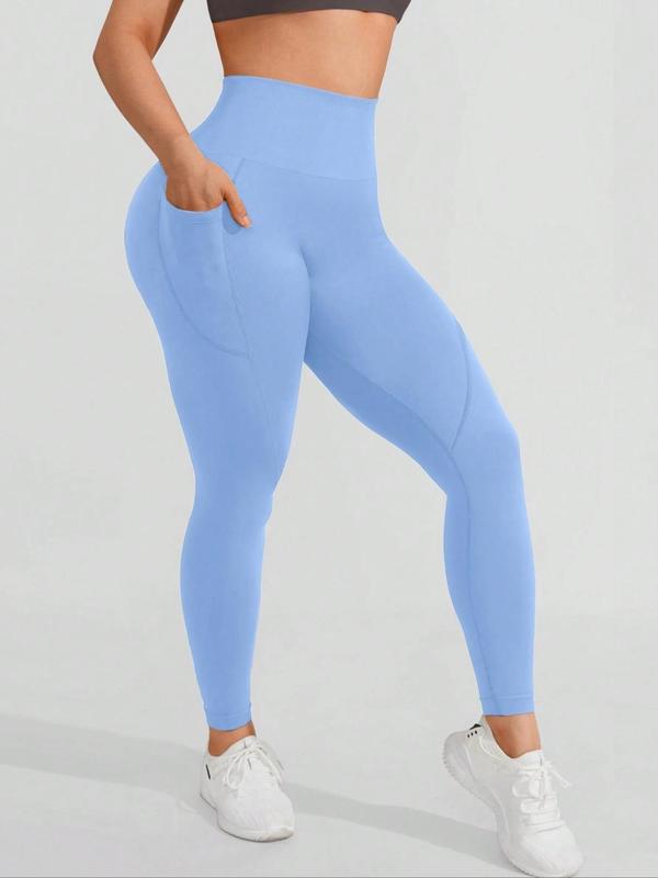 Women's Solid High Waist Pocket Sports Tummy Control Leggings, High Stretch Breathable Skinny Pants for Yoga Gym Workout Running, Back To School Ladies Sportswear for Fall, Fall Outfits 2024, 90s Clothes