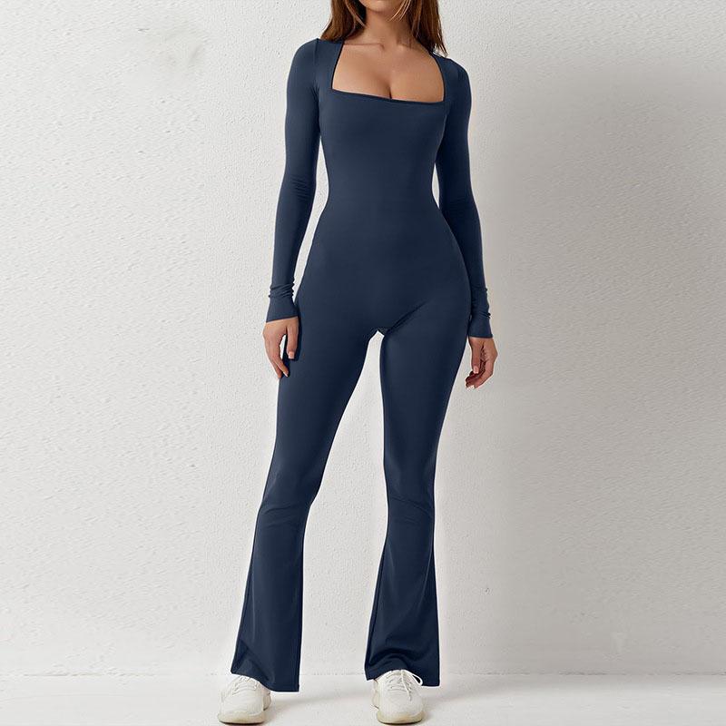 Autumn And Winter Seamless Square Collar Long Sleeve Flared Pants Yoga Jumpsuit High Elastic One-Piece Yoga Wear