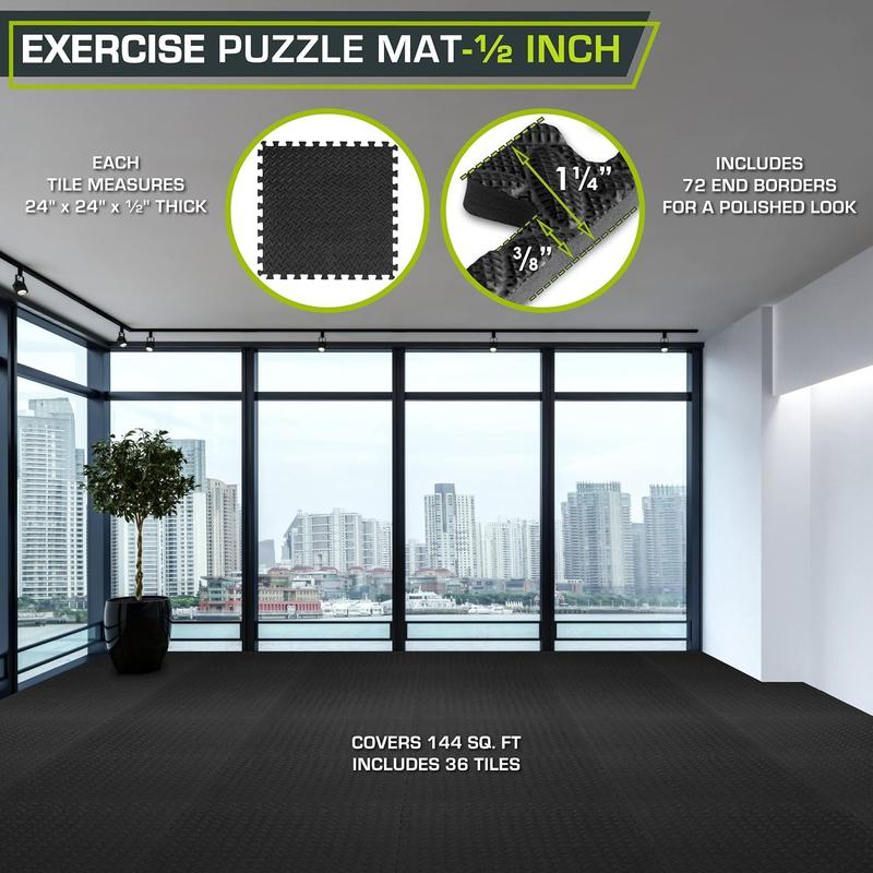 Prosourcefit Puzzle Exercise Mat ½ In, EVA Interlocking Foam Floor Tiles for Home Gym, Mat for Home Workout Equipment, Floor Padding for Kids, Black, 24 in X 24 in X ½ In, 24 Sq Ft - 6 Tiles ProsourceFit