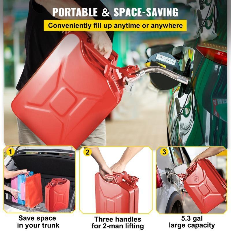 Fuel Can, 5.3 Gallon   20 L Portable Jerry Gas Can with Flexible Spout System, Rustproof ＆ Heat-resistant Steel Fuel Tank for Cars Trucks Equipment, Red， Authentic NATO Jerry Can and Spout System