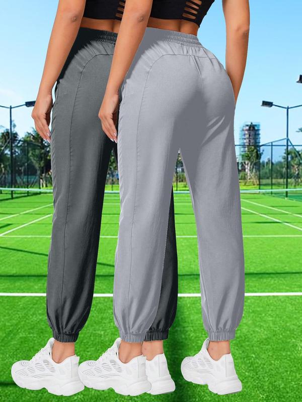 Women's Solid Pocket Drawstring Waist Sports Pants, Casual Elastic High Waist Jogger Pants for Outdoor Tennis, Ladies Sportswear for All Seasons